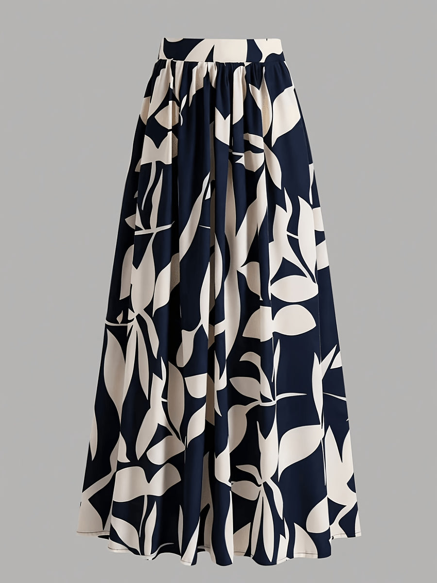 Women's Wide-Length Watercolor Midi Skirt - High-Waisted Loose Skirt Suitable for Spring Summer Fall, Elegant Office to Casual Wear, Machine Washable Skirt - Dark Blue