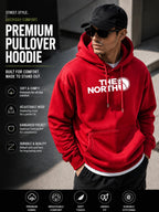 THE NORTH Outdoor Brand Logo Graphic Large Front Print Men's Fashion Hooded Sweatshirt Autumn/Winter Long Sleeve Hooded Pullover Jacket Outdoor Functional Casual Style Daily Wear Outdoor Enthusiast Gift Father's Day & Halloween Gift & Christmas Gift - Red