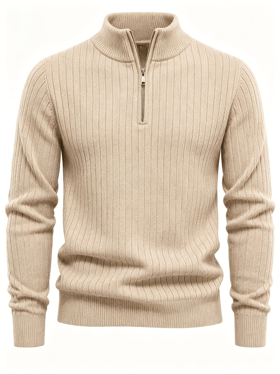 Autumn/Winter New Men's Stand Collar Zipper Design Fashionable Sweater, Knitted Versatile Stretchy Long-Sleeve Pullover with Small Rib Texture, for Home and Commuting, Vintage Men's Top - Apricot