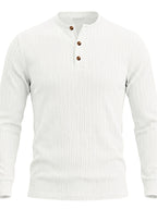 1pc Men'S Jacquard Long Sleeve Henley Shirt Solid Striped Textured Fabric with Stretch Street Style Casual Top for Autumn Winter Fashion White Matchable Pullover Base Layer - White