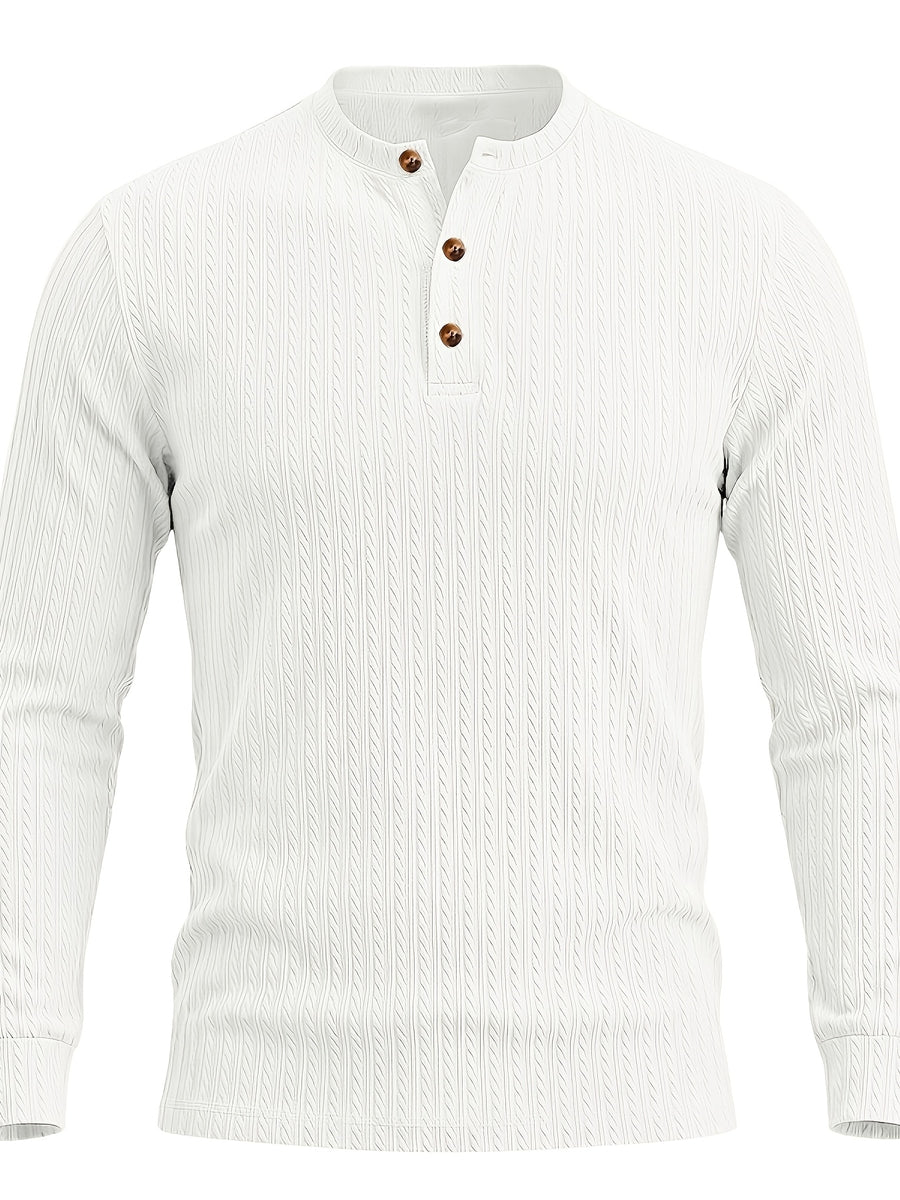 1pc Men'S Jacquard Long Sleeve Henley Shirt Solid Striped Textured Fabric with Stretch Street Style Casual Top for Autumn Winter Fashion White Matchable Pullover Base Layer - White