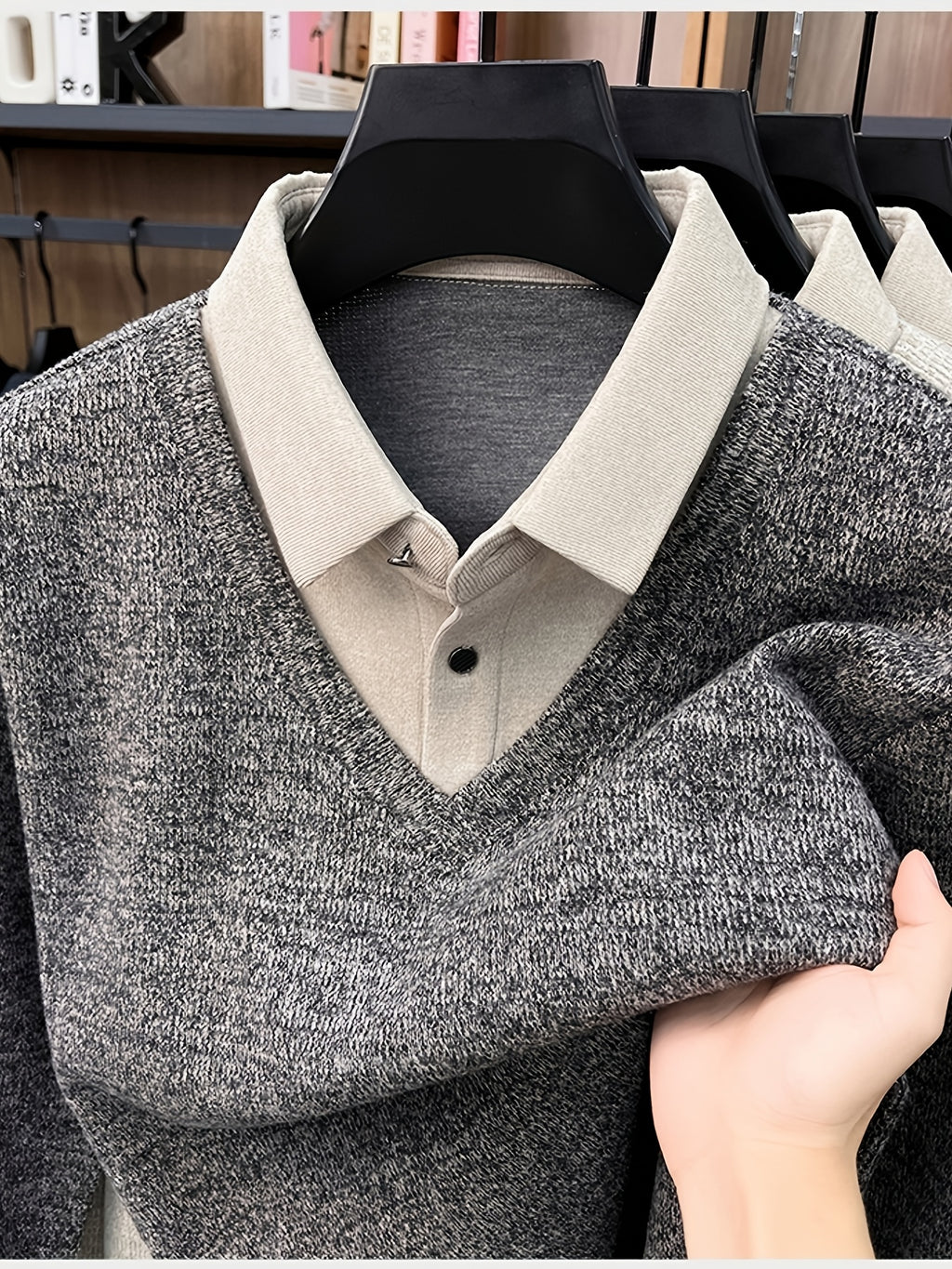 Men'S Autumn V-Neck Faux Two-Piece Pullover Sweater Top, Shirt Collar Patchwork Sweater, Casual Sportswear Top, Warm And Comfortable, Autumn Business Casual Daily Travel Commute Gift Choice, Knit - Ash