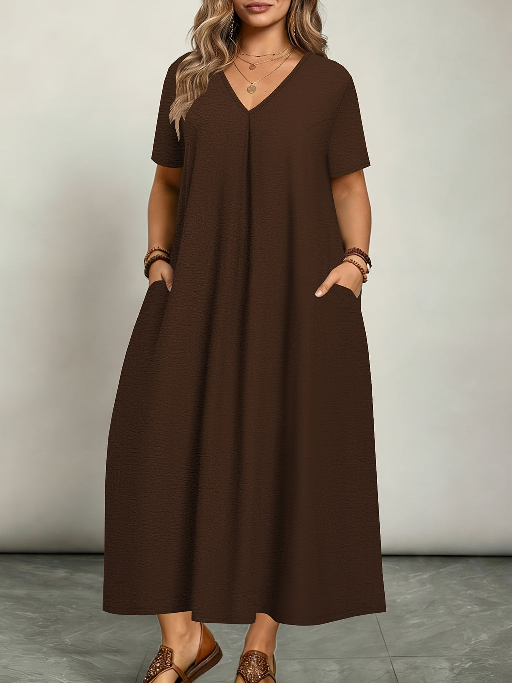 Plus Size - Plus Size - Women'S Elegant Casual Versatile Solid Color Dress, Vacation Style, Plus Size Women'S Clothing - Coffee Color