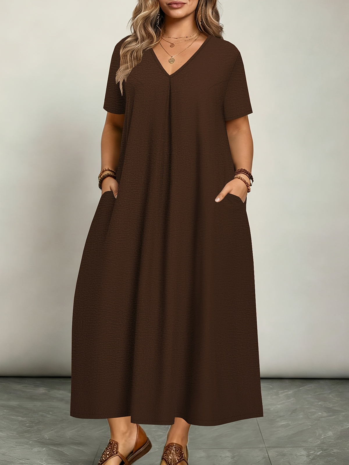 Plus Size - Plus Size - Women'S Elegant Casual Versatile Solid Color Dress, Vacation Style, Plus Size Women'S Clothing - Coffee Color