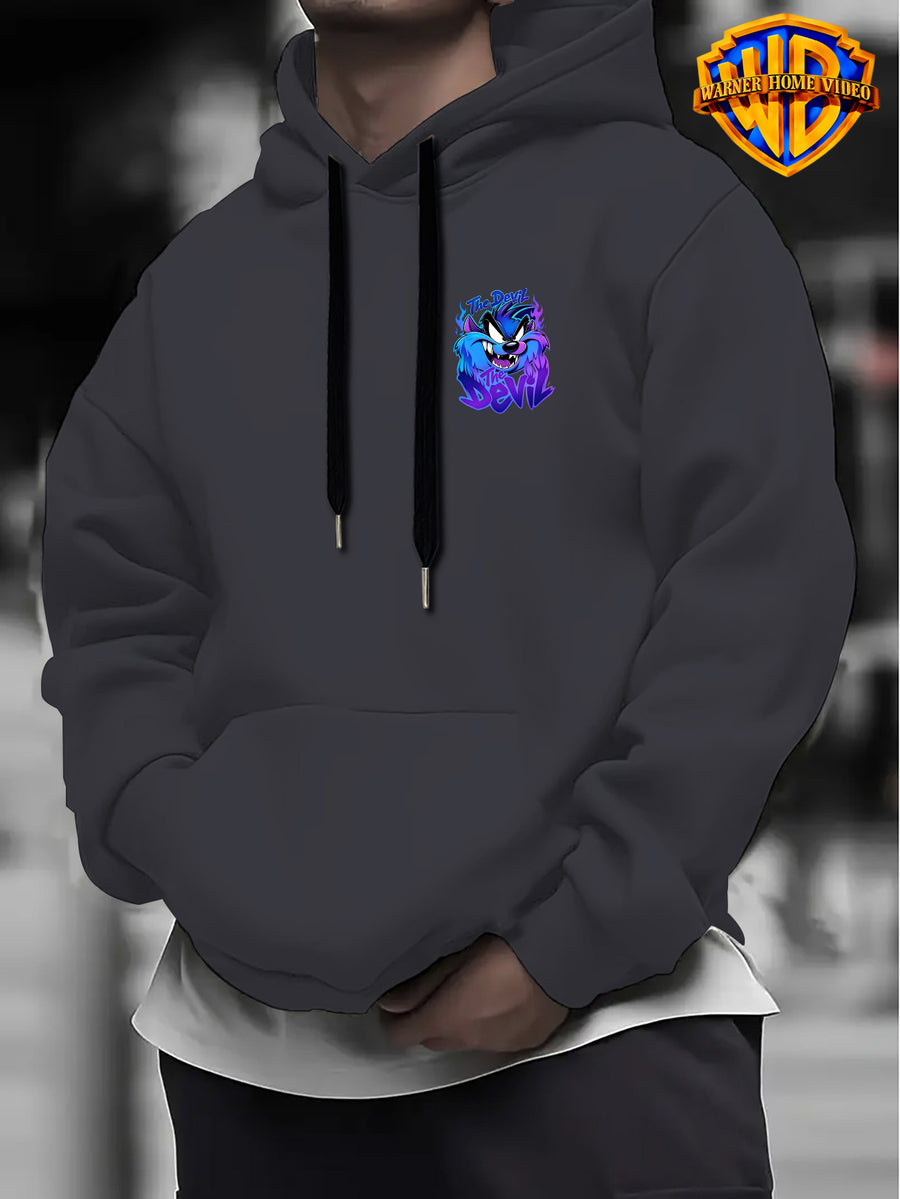 Warner Bros Official 1pc Cyber Purple-Blue Flame Background Grimace The Devil Graffiti Font Casual Hoodie - Men's Fashion Hoodie, Double-Sided Front and Back Print, Adjustable Drawstring Loose and Comfortable Sweatshirt, Suitable for Daily - Dark Gray