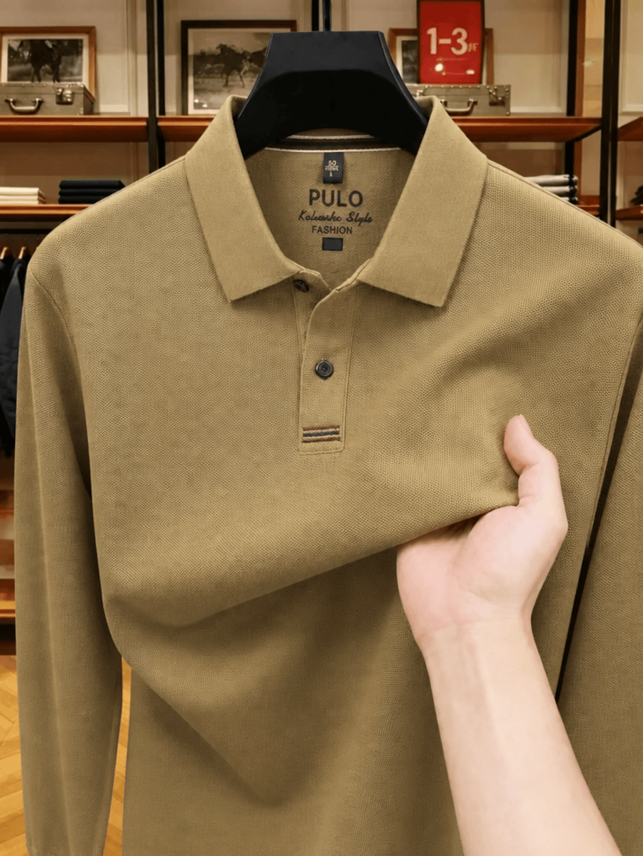 Men's Golf, Casual, Fishing, Tennis, Sports Solid Color Top, Spring/Autumn Apparel for Middle-aged and Young Men, Soft and Skin-friendly Piqué Pure Fabric, Long-Sleeve Polo Shirt, Men's Long-Sleeve T-Shirt, New Spring/Autumn Casual Turn- Collar Solid - Khaki