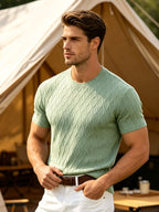 [Villa Le Water OBM] Back to School Season Summer New Men'S Checkered Wavy Texture Short Sleeve T-Shirt Soft Breathable Solid Color Round Neck Casual Commute T-Shirt Old Money Light Mature Style Bean Green Textured All-Match Casual Short Sleeve Top - Pea Green Color
