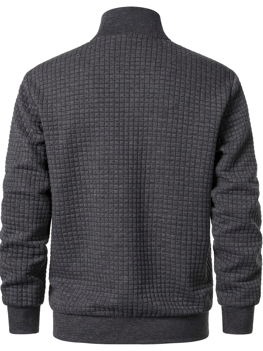 Spring/Autumn New Men's Solid Color Lapel Waffle Knit Long Sleeve Zipper Jacket, 2pcs Practical Outerwear for Outdoor Sports, Comfortable and Breathable Men's Jacket - Gray + Gray