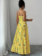 Elegant Floral Print Maxi Dress | French Romantic Spaghetti Strap, Flared Hem, Sleeveless, Backless Detail, Ideal for Spring/Summer - Yellow
