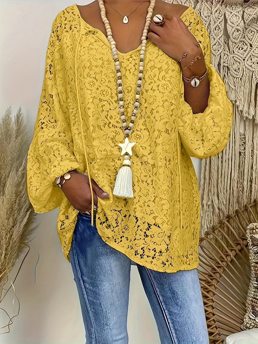 Ladies' clothing, casual fashion, elegant, transparent, solid color long sleeved, lace, solid color shirt - Yellow
