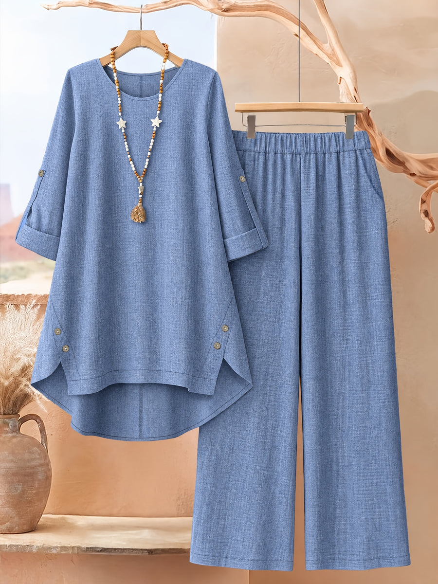 Women'S Fashion Solid Irregular Hem Design Top And Casual Wide-Leg Pants 2pcs Set, Daily Elegant - Blue