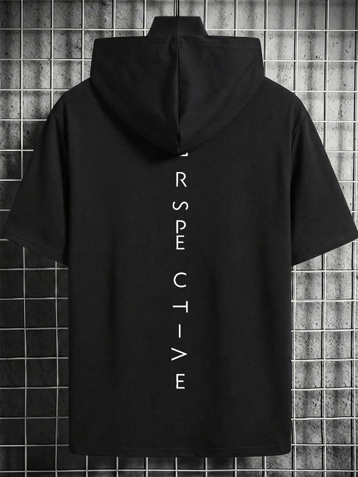 Men's Drawstring Short-Sleeve Hoodie - European and American High Street Style Men's Hooded Short-Sleeve Hoodie with  Vertical English Letter Print on the Back, Featuring Functional Stretch Technology, Wrinkle-Resistant, Crisp, and Slim-Fitting - Black
