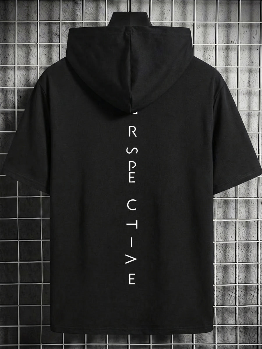 Men's Drawstring Short-Sleeve Hoodie - European and American High Street Style Men's Hooded Short-Sleeve Hoodie with Vertical English Letter Print on the Back, Featuring Functional Stretch Technology, Wrinkle-Resistant, Crisp, and Slim-Fitting - Black