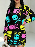 Colorful Skull SetWomen's All Over Print Long Sleeve Dress, Slight Stretch Crew Neck A Line Straight Hem, Versatile for Commute, Home & Dating - Multicolor