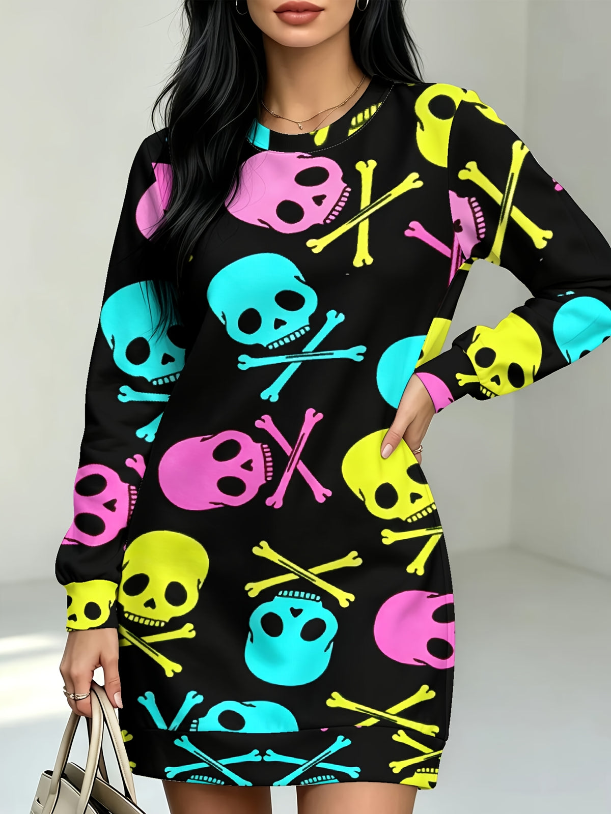 Colorful Skull SetWomen's All Over Print Long Sleeve Dress, Slight Stretch Crew Neck A Line Straight Hem, Versatile for Commute, Home & Dating - Multicolor