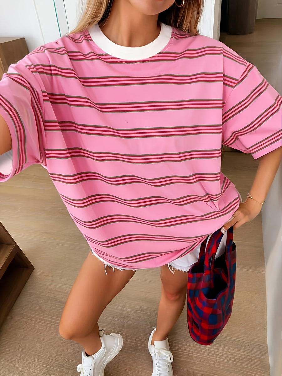 Striped Print Summer Women'S Clothing, Y2K Cute T-Shirt, Spring And Summer Casual Women'S Top, Oversized Loose Round Neck Short Sleeve T-Shirt - Red
