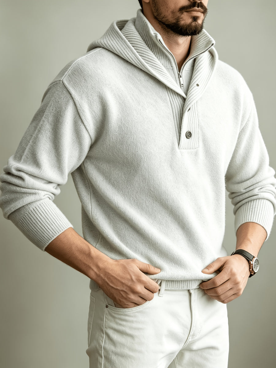 Autumn/Winter Men's 2-in-1 Look Hooded Knit Sweater, Half-Zip High Neck Design with Overlay Button Placket, Fine, Soft, and Skin-Friendly Fabric, Regular Fit for Slimming and Concealing. A Versatile Top for Casual and Daily Commutes, a Warm - White Flower Gray