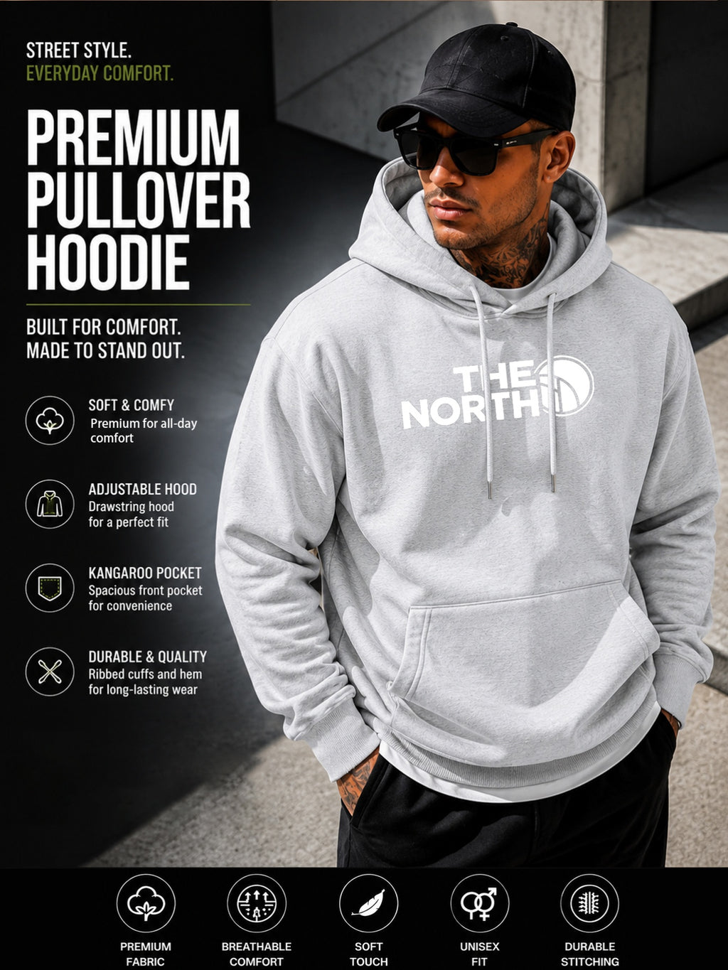 THE NORTH Outdoor Brand Logo Graphic Large Front Print Men's Fashion Hooded Sweatshirt Autumn/Winter Long Sleeve Hooded Pullover Jacket Outdoor Functional Casual Style Daily Wear Outdoor Enthusiast Gift Father's Day & Halloween Gift & Christmas Gift - Light Grey