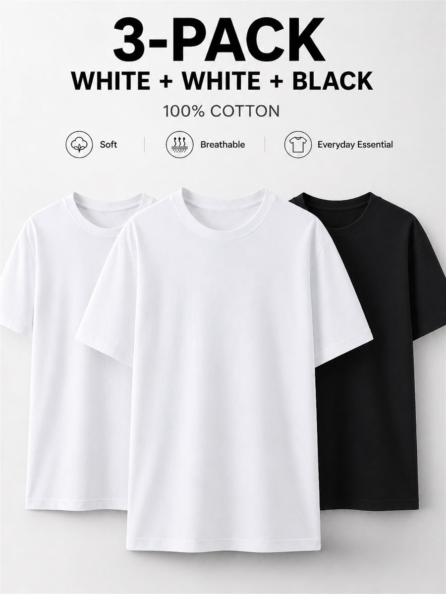 3pcs 100% Pure Solid Color Short-Sleeve T-Shirts, Unisex Crew Neck Basic Style Summer Change-Out Set, Soft, Skin-Friendly, Sweat-Absorbent, Breathable, Comfortable, Durable, Casual for Home, Outer Wear, Commuting, Versatile Top - White+white+black