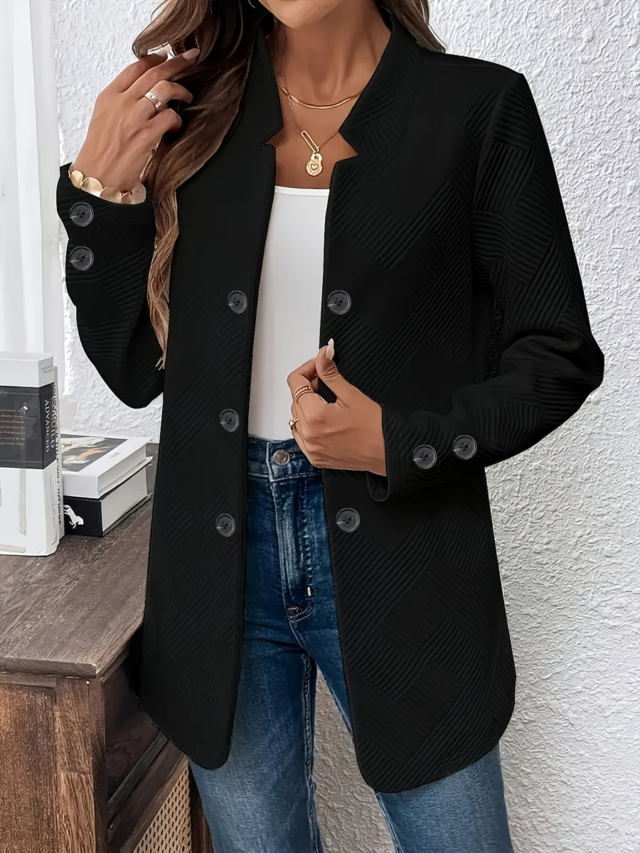 New Fashionable Solid Color Textured Double-button Decorative Pocket Long-sleeve Coat - Black