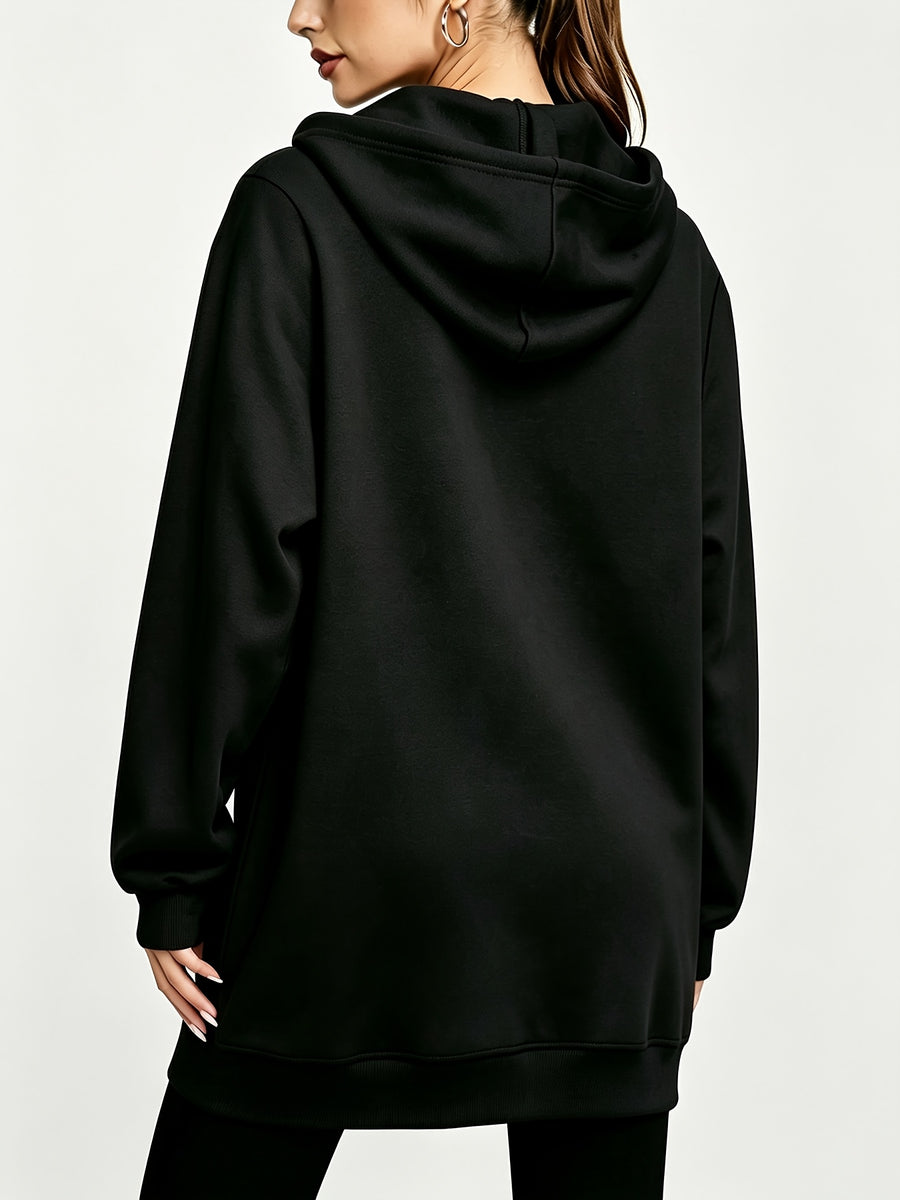 Women's Long Hooded Sweatshirt Jacket, Autumn/Winter Thick Hoodie, Versatile Loose Fit Casual Long Sleeve Zip-Up Cardigan Jacket - Black