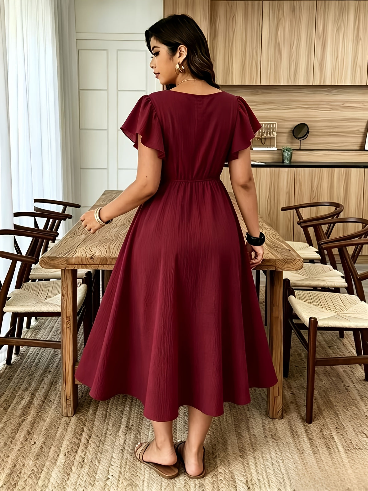 Spring/Summer Women'S Solid V-Neck Ruffled Sleeve Waist-Cinching Flowy Dress, Casual Vacation Style - Burgundy