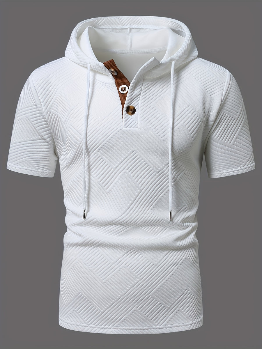 Men'S Stylish Textured Short-Sleeve Polo Shirt with a Casual Hood - White