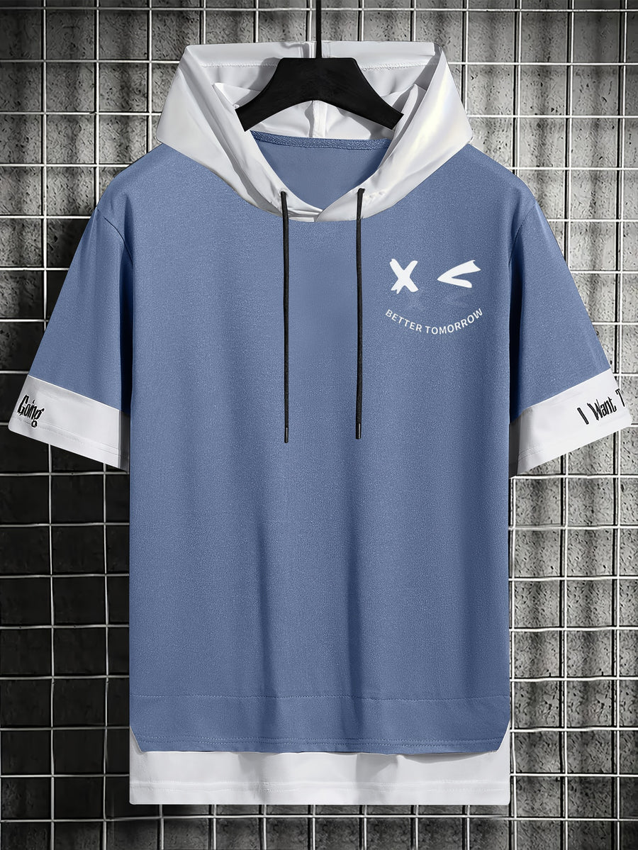 Men'S Color-Block Contrast Hooded Short Sleeve T-Shirt, English Letter Print, Short Sleeve Faux Two-Piece Streetwear, Trendy Fashion Versatile Street Casual Hong Kong Style Outfit, Casual Leisure All-Match T-Shirt, Suitable for Summer - Blue