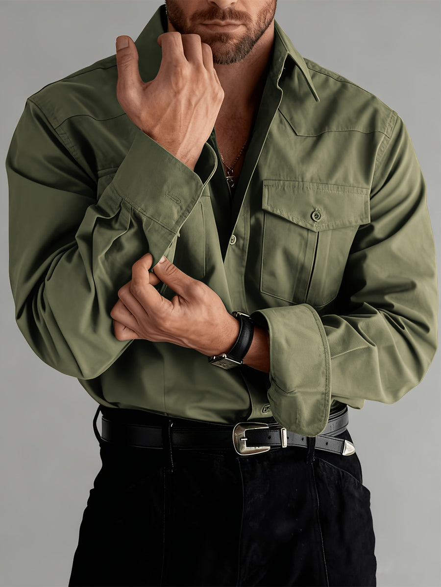 Spring And Autumn American Style Lapel Work Shirt, Preppy Easy Long Sleeve with Double Pockets, Casual Shirt for Daily Business Commute - Olive Green Color