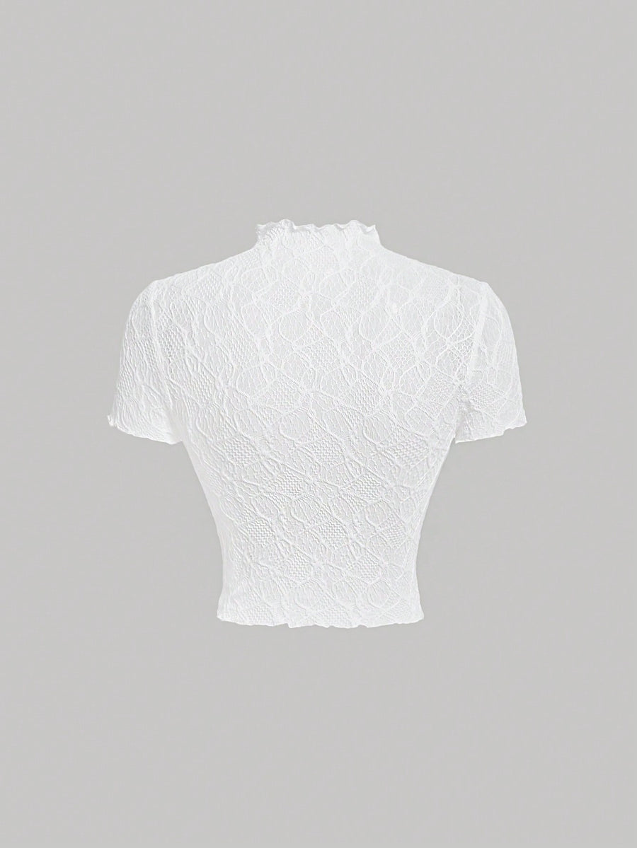 Lace Floral Jacquard Thin Women'S T-Shirt, Dreamy And Romantic, Suitable for Dates, Gatherings, Summer And Spring Wear, Spring Break, Vacation, Picnic, Holiday, Birthday, Etc - White