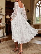 Wedding Guest Dress Long Sleeve Lace Gown Bridesmaid Dress Button Square Neck Elegant Fashionable Soft Dress Romantic Evening Dress - Ivory White