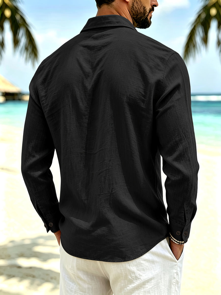 Spring/Autumn Men'S Henley Shirt Linen Long Sleeve, Comfortable And Breathable Fabric, Suitable for Daily Outings, Outdoor Sports, Travel, And Vacation, Lightweight And Breathable Regular Fit with Chest Pocket And Buttoned Cuffs, Ideal for Beach - Black