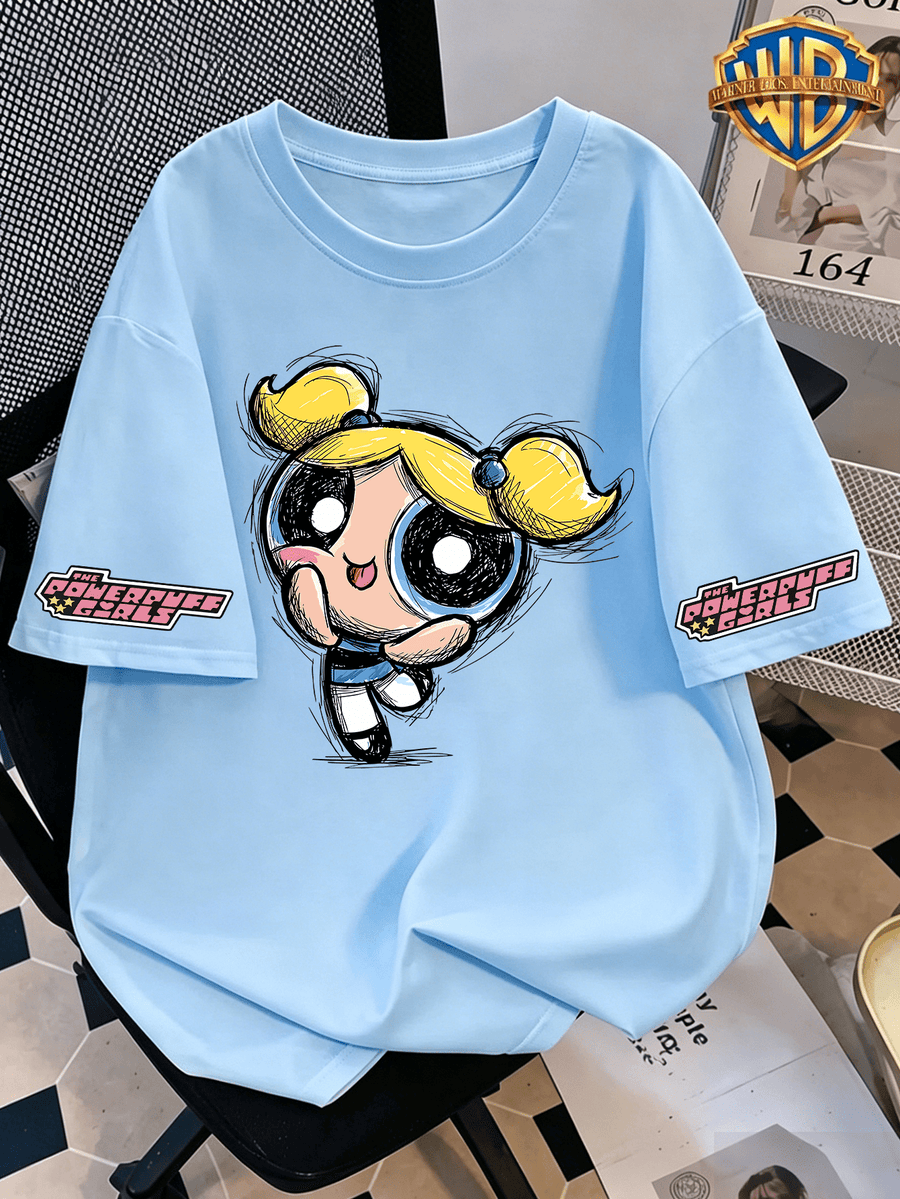 Authorized by Warner, Powerpuff Bubble Sketch Graffiti Q Graphic Printed Women'S T-Shirt, Women'S Fashion Short Sleeve T-Shirt, Daily Leisure And Travel Short Sleeve T-Shirt, Women'S Clothing, The Most Appropriate Gift Choice - Light Blue