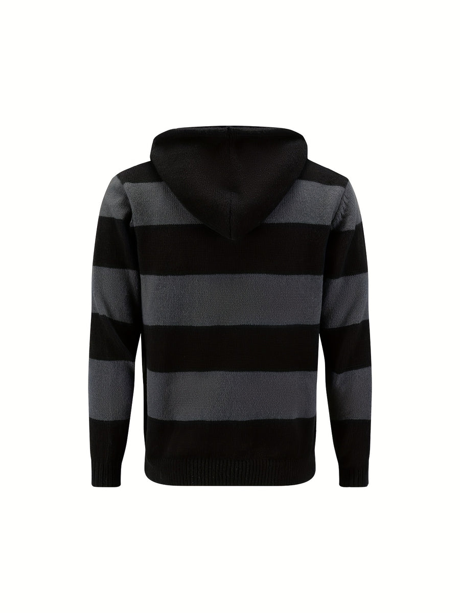 Men'S Hooded Sweater Autumn Winter New Fashion Casual Sweatshirt Knit Pullover Long Sleeve Warm Top Men, Regular Fit, Daily, Striped - Dark Gray