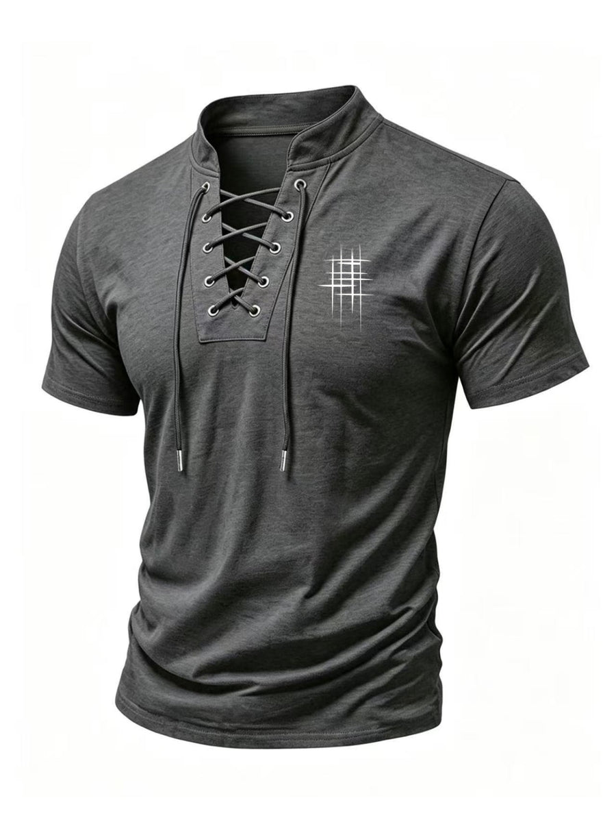 Men's Henry Neck Cross-Strap Short Sleeve T-Shirt with Mesh Line Print, Soft and Comfortable Fabric, American Trendy Design, Suitable for Dating, Commuting, and Casual Occasions, Creating a Clean, Casual, and Refreshing Look - Dark Gray