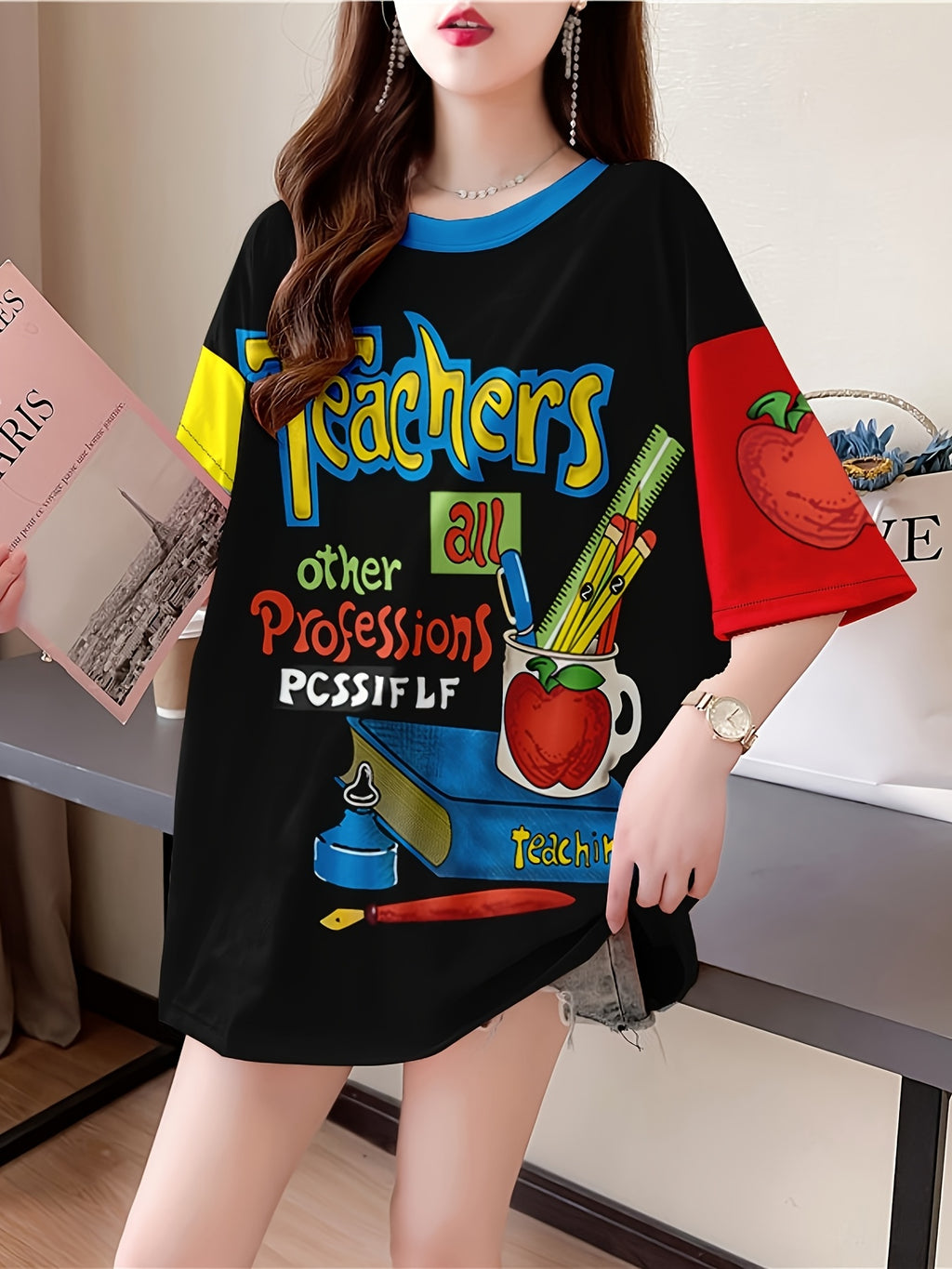 Women's Plus Size Cartoon Graphic T-Shirt - "Teachers Make a Big Impact" Design, Relaxed Fit Longline Top with Medium Stretch Fabric, Machine Washable Casual Tee for Spring Summer Fall, Casual Wear | Educational Motif | Nontransparent Material, Cute T - K128-B