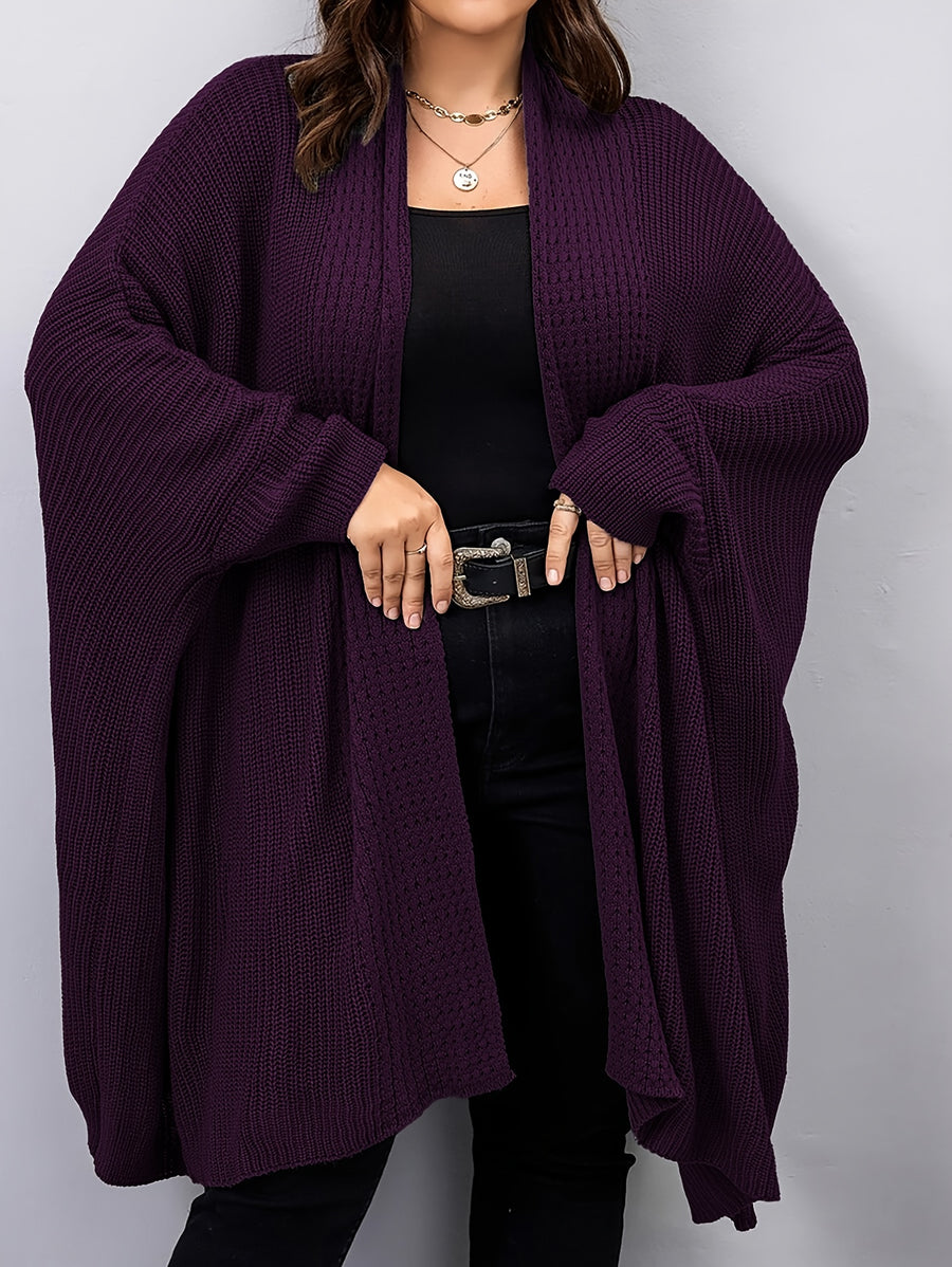 Plus Size, Plus Size Women's Batwing Sleeve Solid Open Front Cardigan - Purple