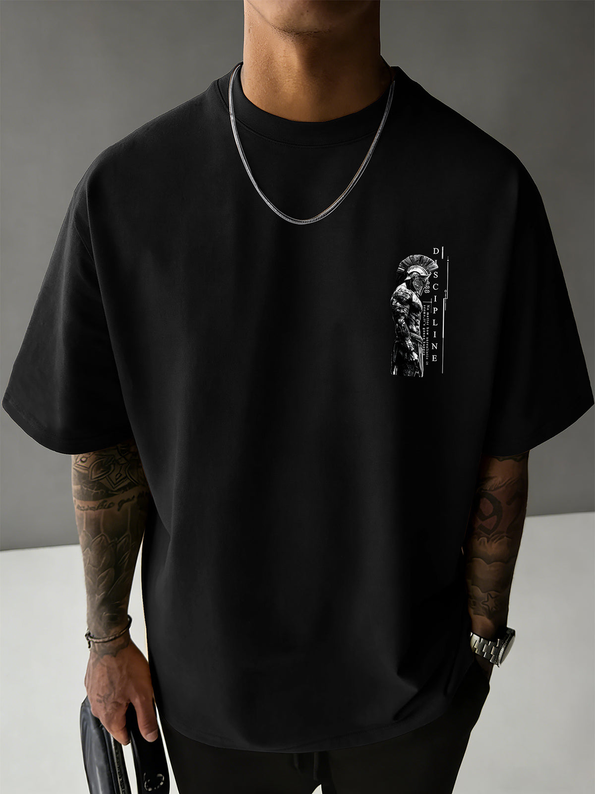 Men'S 100% T-Shirt, Spartan Warrior Discipline Print, All-Season Wear, Casual Sporty Comfortable Breathable - Black