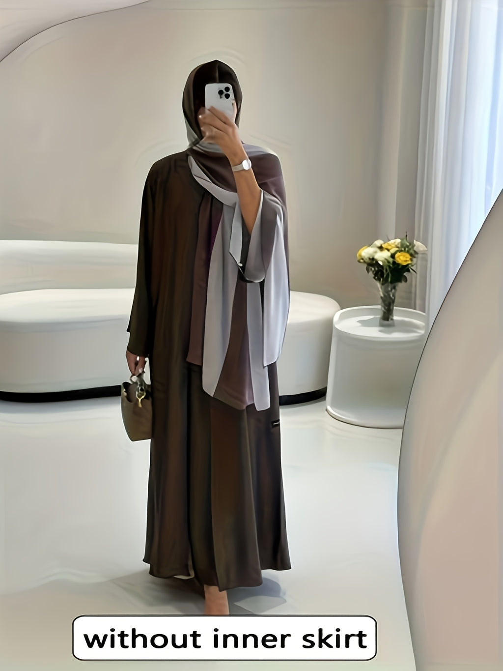 Eid 2026 New Women'S Elegant Fashion Batwing Sleeve Contrast Edge Cardigan Chiffon Dress Abayas Robe Women [With Headscarf], Easy Care Fabric, Machine Washable, Soft And Exquisite - 【Brown】