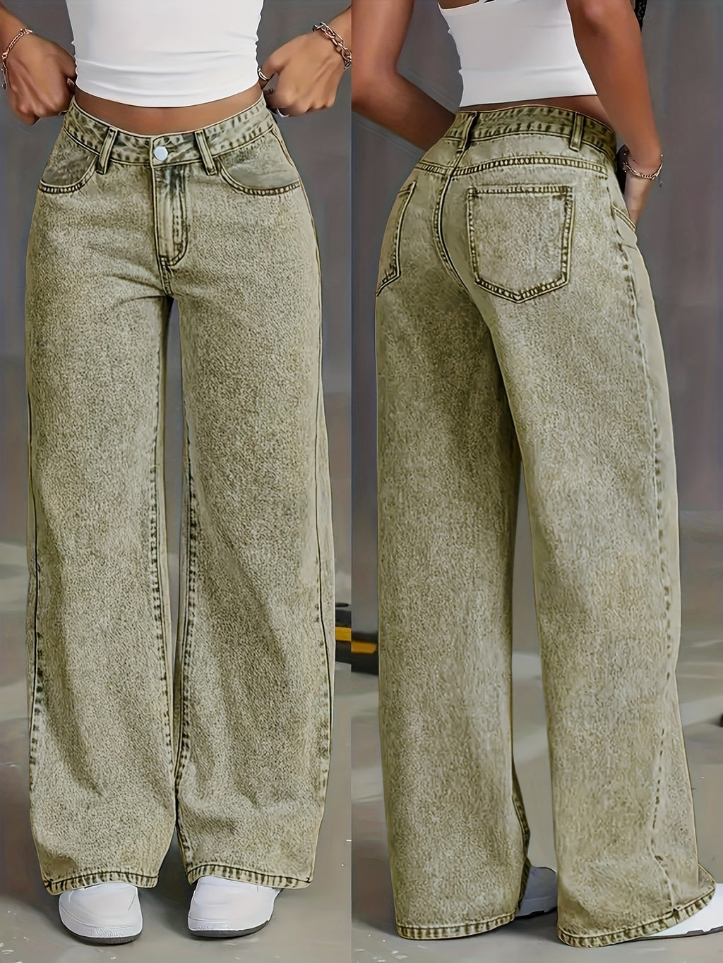 New Stretchy Loose Acid-Washed High-Waisted Tummy Control Straight-Leg Jeans for Women, Washed Wide-Leg Jeans with Pockets in Various Colors, Street-Style Ladies' Clothing, Comfort Denim Trousers, Casual Pants for Travel, Work And Office - Olive Green