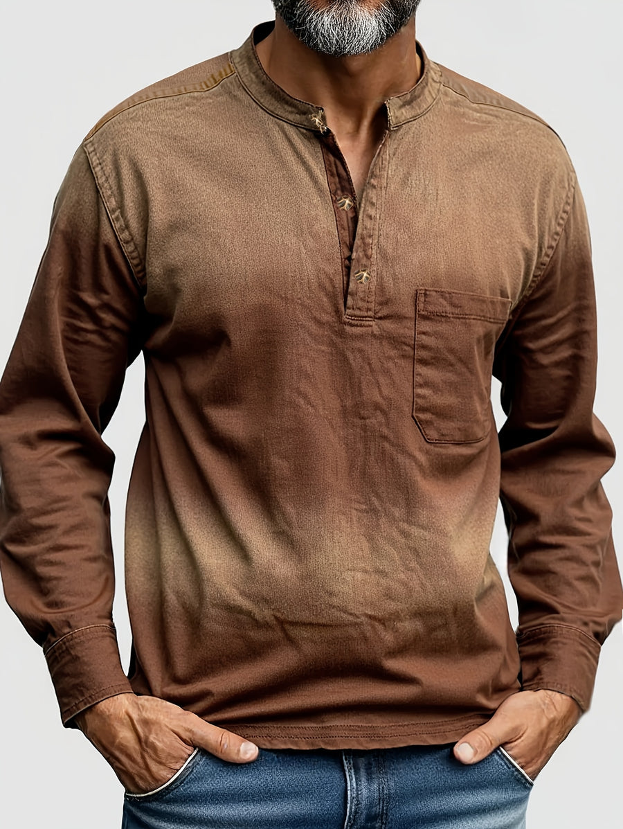 Men's Casual Denim Stand Collar Half-Open Placket Henley Shirt with Chest Pocket and Long Sleeves - Khaki