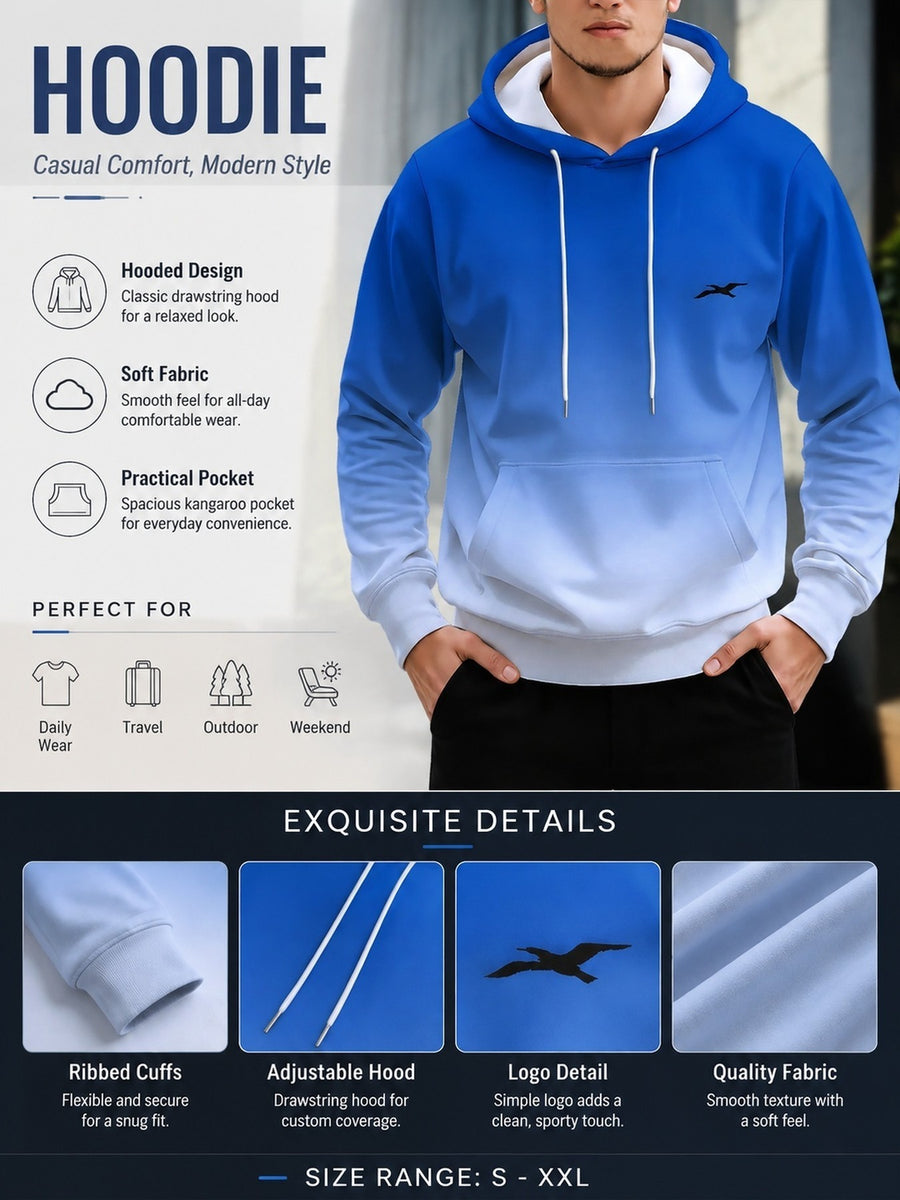 Men's Long Sleeve Pullover Hoodie, Blue White Gradient Print, Digital Print, Drawstring Hood, Kangaroo Pocket, Ribbed Cuffs Ribbed Hem, Regular Fit, Polyester, Casual, Daily Wear Weekend Leisure, Spring and Autumn - Mixed colors