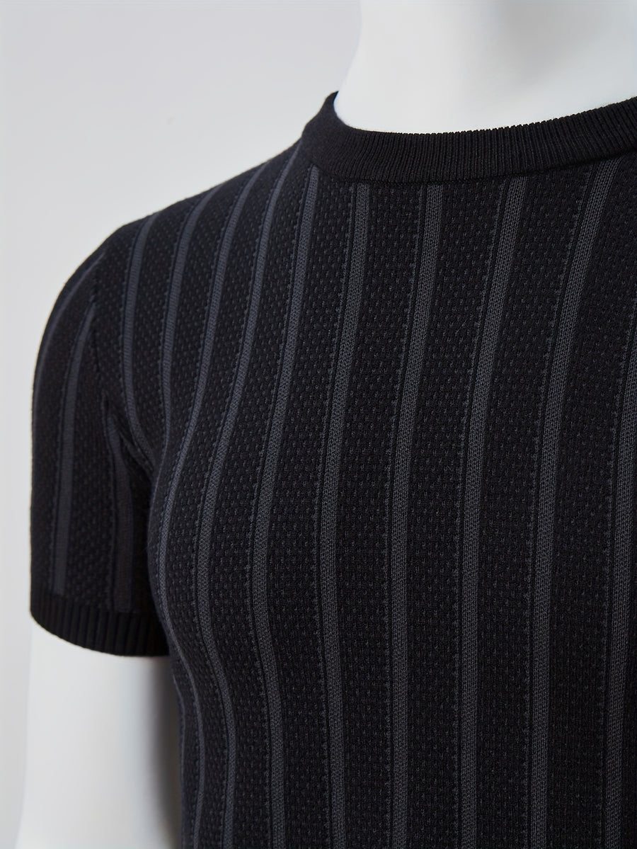 Men'S Knitted Short-Sleeved Sweater, Half-Sleeve Knit Shirt, Round Neck Sweater, Suitable for Autumn/Winter And Spring, Can Be Worn Alone Or As a Base Layer, Soft Fabric, Can Be Worn Close to The Body, Heavy-Duty Knitted Jacquard Pattern - Black