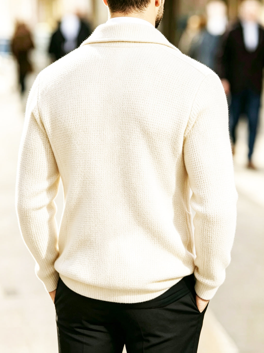 Men'S Spring Autumn New Waffle Check Blazer Collar Cardigan Single Button Double Pocket Business Casual All-Match Long Sleeve Knit Jacket, Soft Comfortable Fashion Solid Color Outerwear Suitable for Daily Outings, Dates, Holidays, And Travel - Off-white