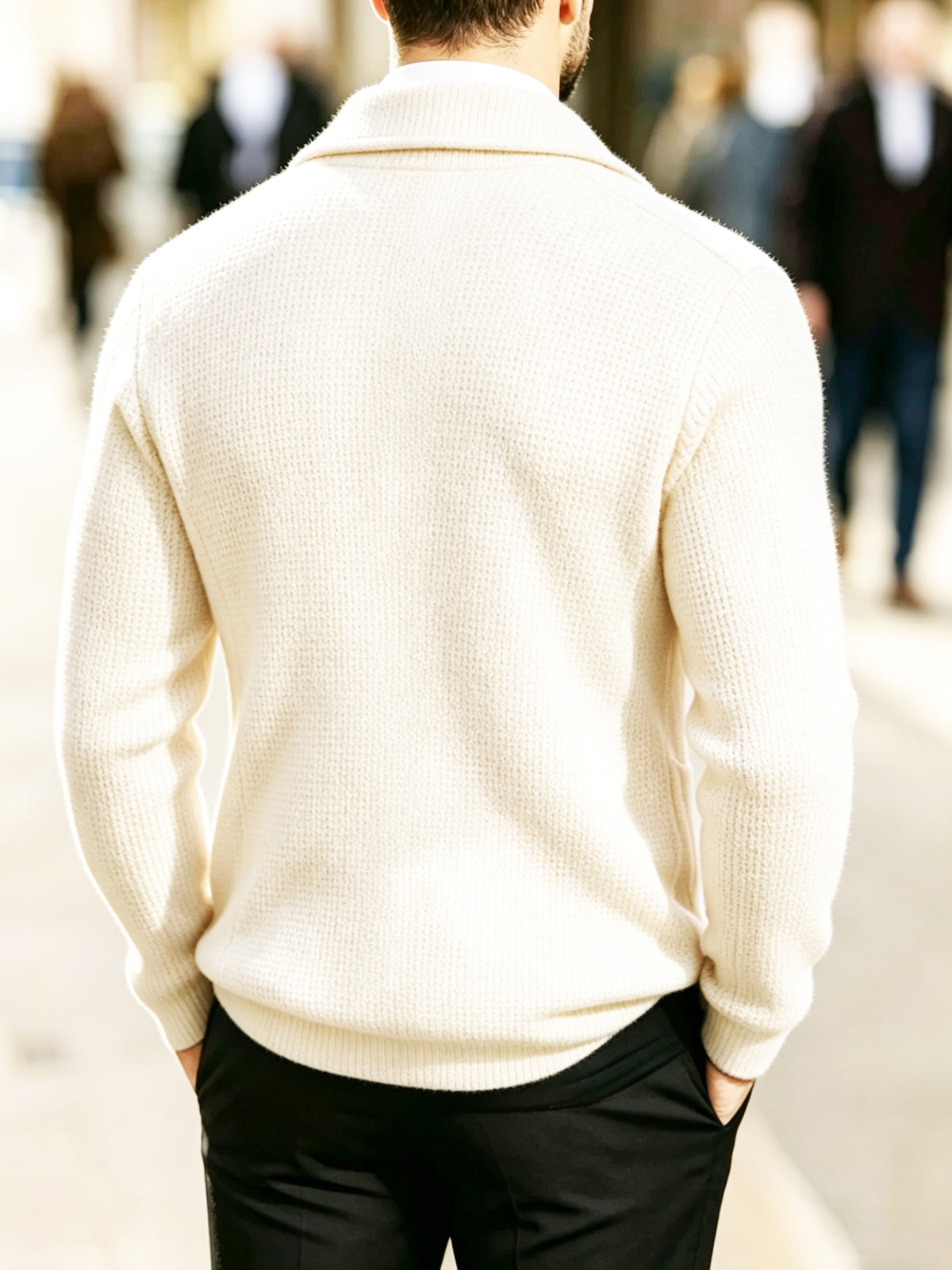 Men'S Spring Autumn New Waffle Check Blazer Collar Cardigan Single Button Double Pocket Business Casual All-Match Long Sleeve Knit Jacket, Soft Comfortable Fashion Solid Color Outerwear Suitable for Daily Outings, Dates, Holidays, And Travel - Off-white