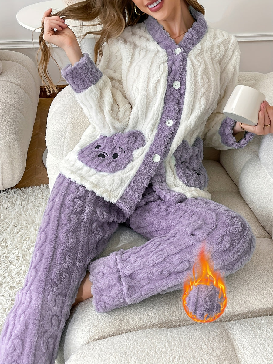Plus Size 25AW Homewear Trend New Autumn/Winter Women's Pajama Cardigan Set with Long Sleeves and Long Pants, Embroidered Bear Pocket Design, Warm, Comfortable, Casual, Jacquard Loose Fit Loungewear - Dark Violet