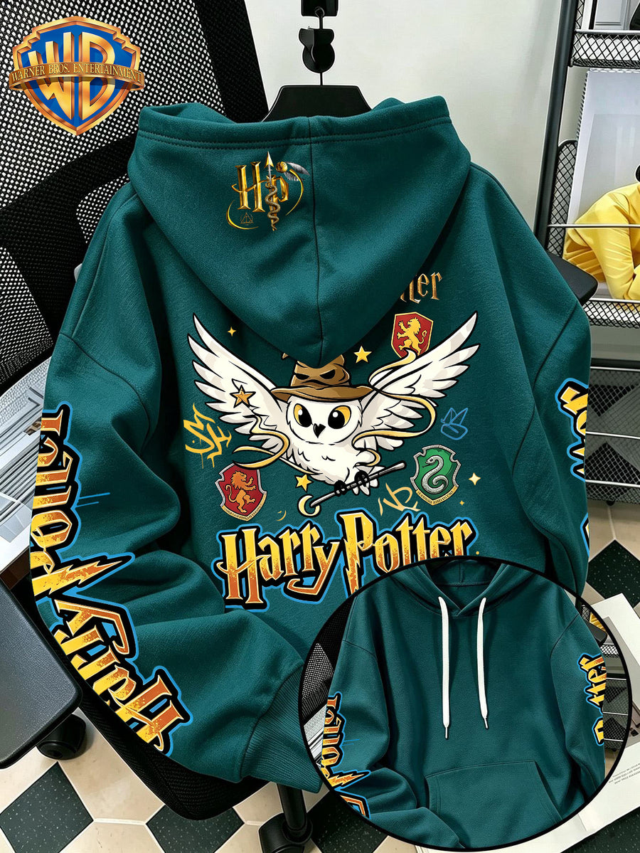 Warner Bros Official 1pc Vintage Golden Pattern Magic Owl Trendy Casual Hoodie - Men's Fashion Hoodie, Adjustable Drawstring Loose and Comfortable Sweatshirt, Suitable for Daily and Outdoor Sports Wear, the Perfect Choice for Warmth in Autumn - Green