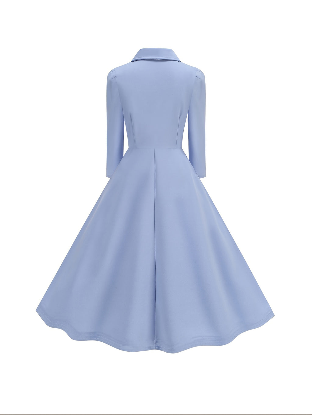 Collared Button Waist-Cinching Slim Fit Vintage Style 50S Elegant Long Sleeve Dress - Sky Blue