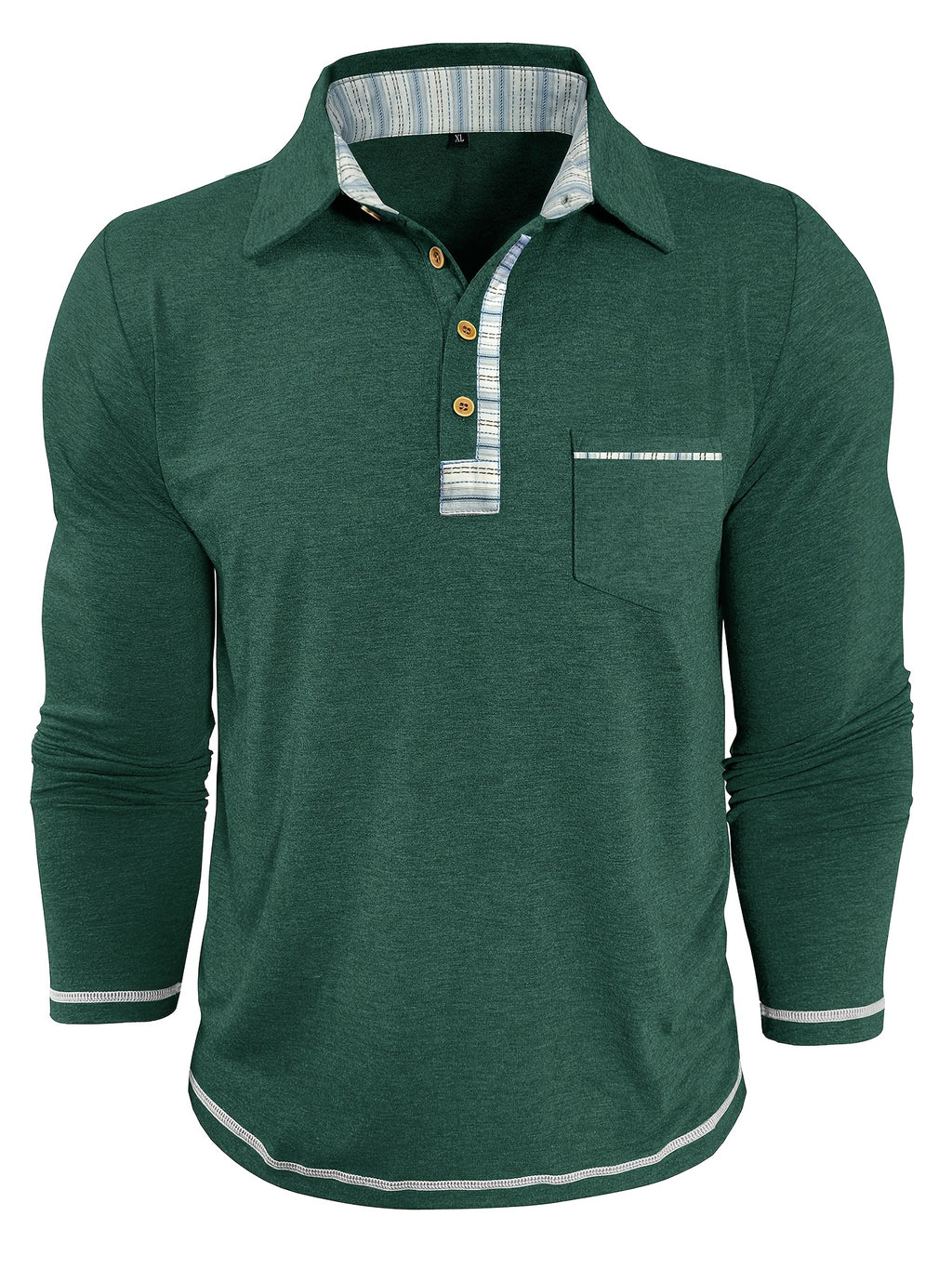 Men'S Retro Trendy Fashion Lapel Long Sleeve Polo Shirt, Casual Stylish Pocket Top T-Shirt - Olive Green
