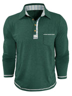 Men'S Retro Trendy Fashion Lapel Long Sleeve Polo Shirt, Casual Stylish Pocket Top T-Shirt - Olive Green